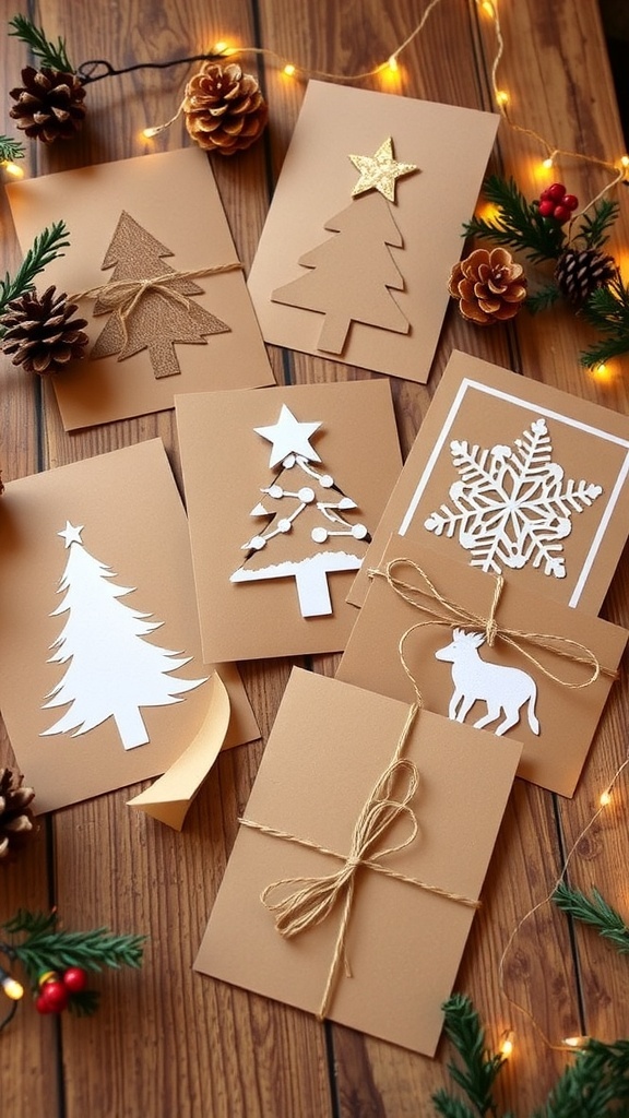 Creative Christmas cards made from brown cardstock with various festive designs on a wooden table.